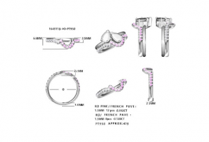 Platinum ring design with pink and white French pavé gemstones.