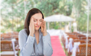 Stressed woman at outdoor wedding venue